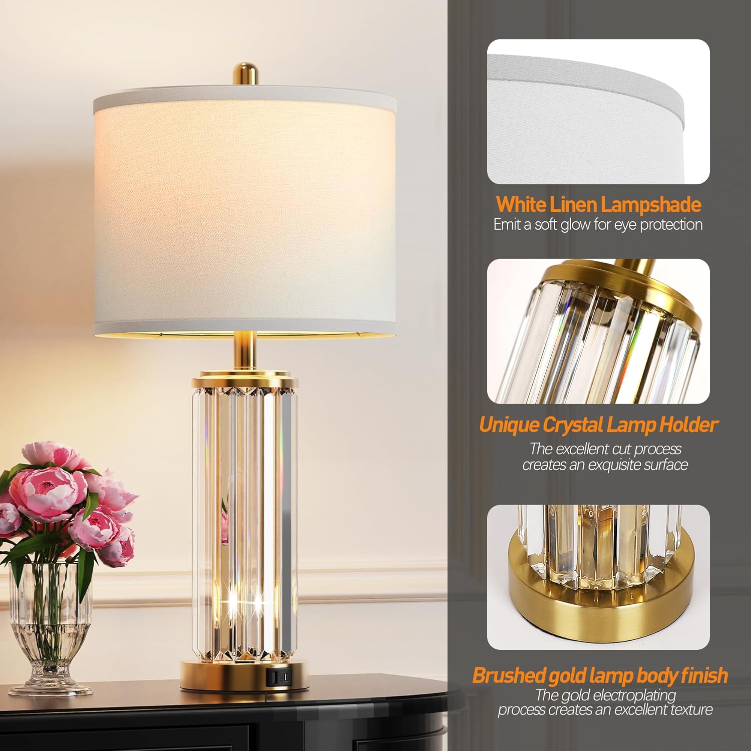 Set of 2 Modern Gold Bedside Table Lamps — with Night Light & USB Ports, White