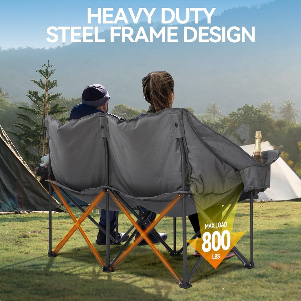 Huskvorm Double Camping Chair — Heavy Duty Padded Loveseat with Cup Holders & Carry Bag, Grey