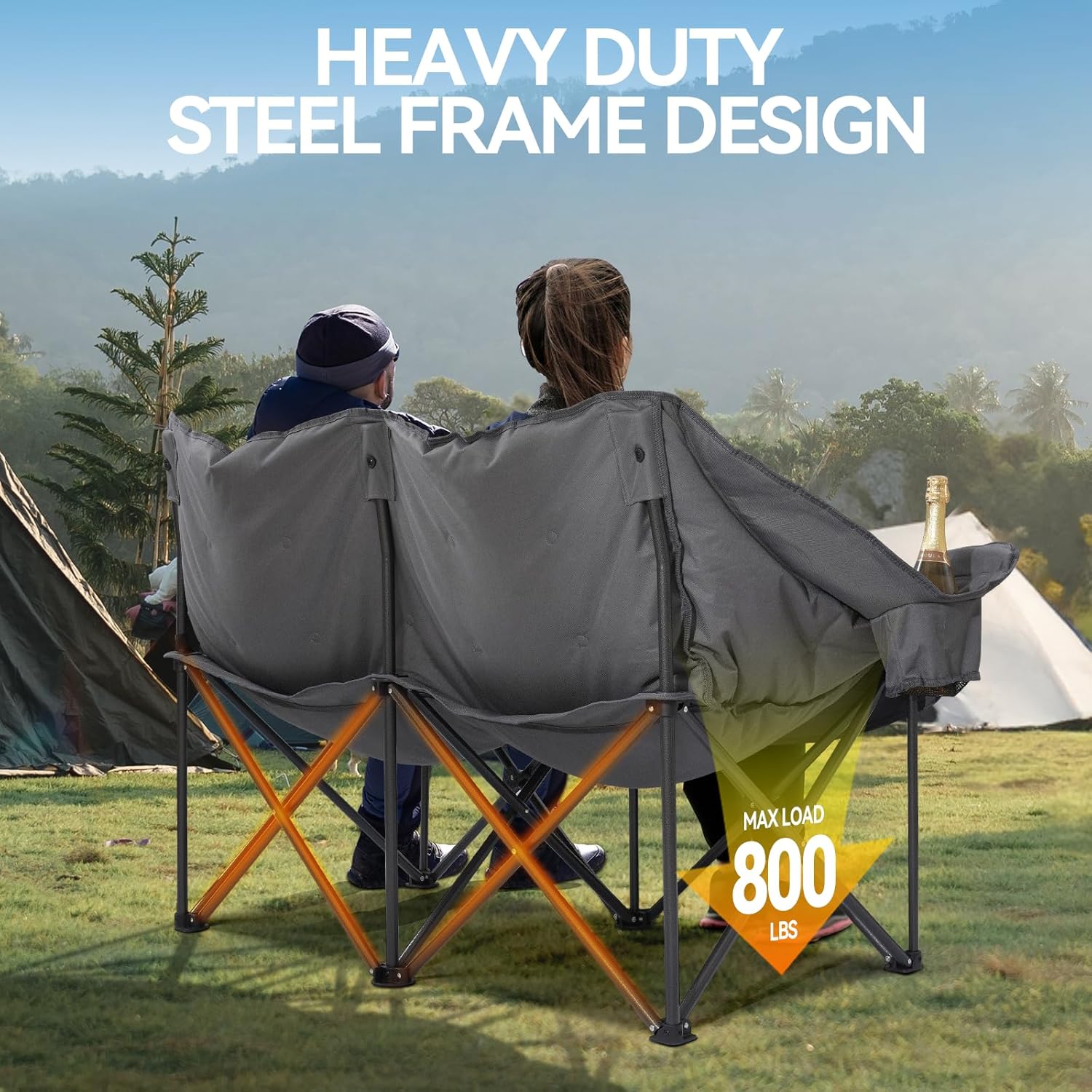 Huskvorm Double Camping Chair — Heavy Duty Padded Loveseat with Cup Holders & Carry Bag, Grey