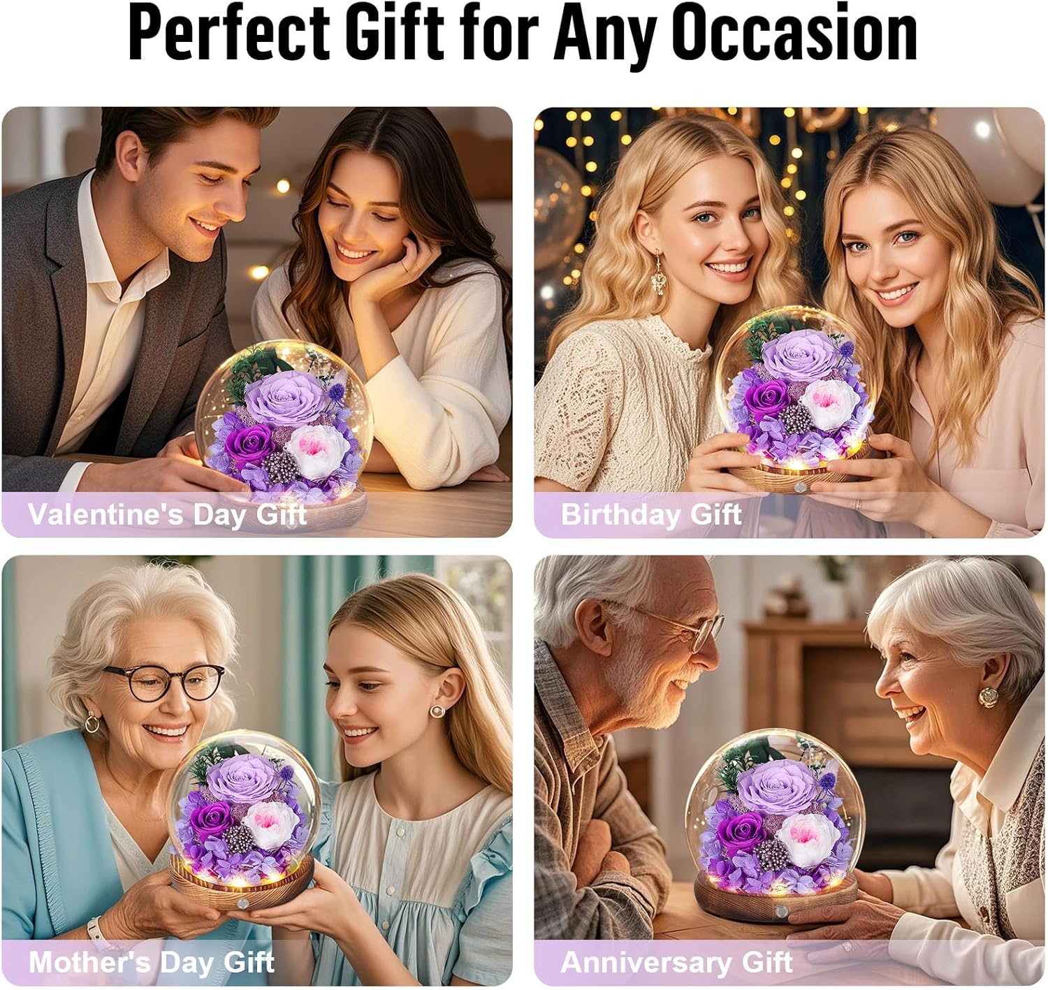Preserved Rose Dome with LED Lights — Purple Eternal Gift