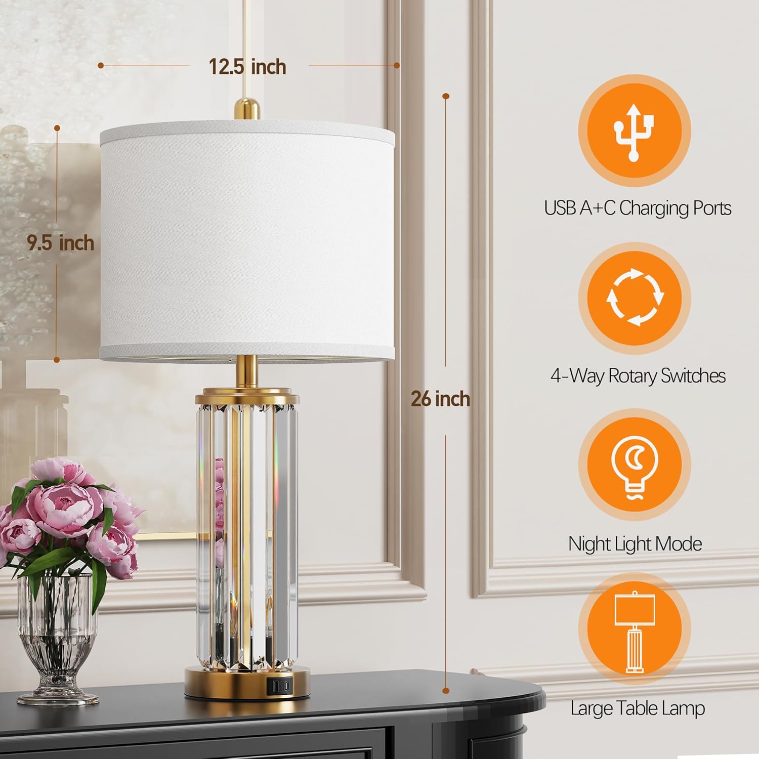 Set of 2 Modern Gold Bedside Table Lamps — with Night Light & USB Ports, White