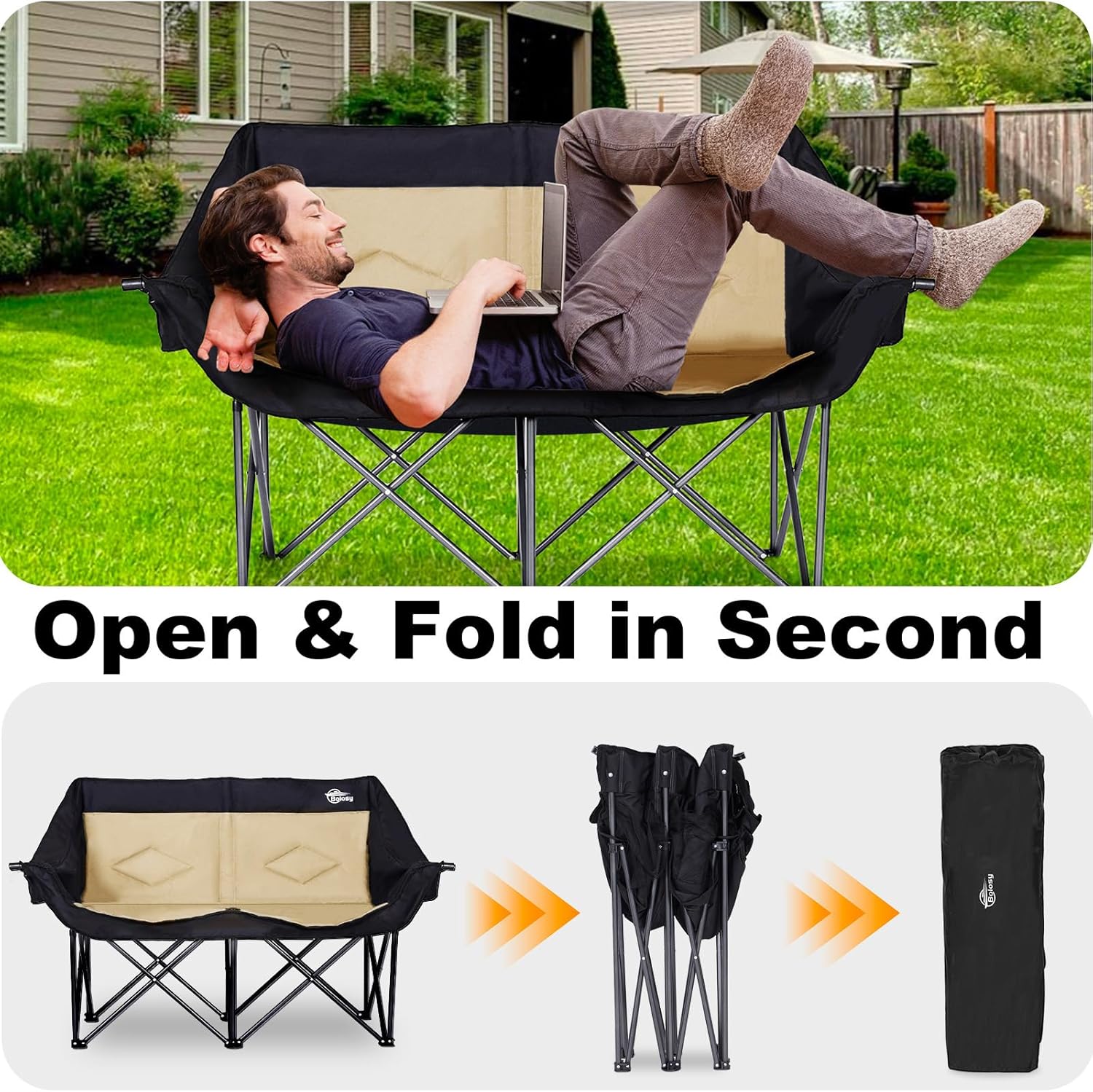 2-Person Folding Camping Loveseat — Heavy Duty, Supports 650 lbs, Beige