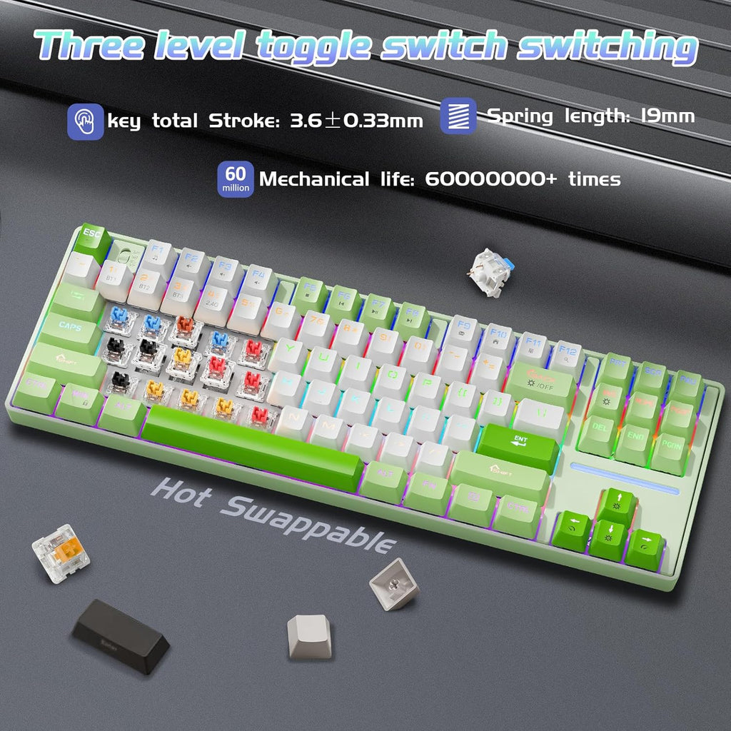 YORKABO MK87 Ergonomic Wireless Keyboard, Green & White