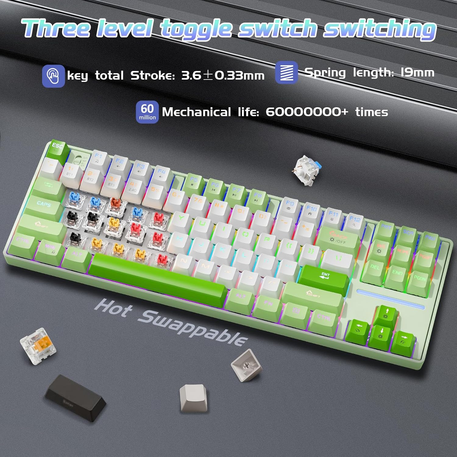 YORKABO MK87 Ergonomic Wireless Keyboard, Green & White