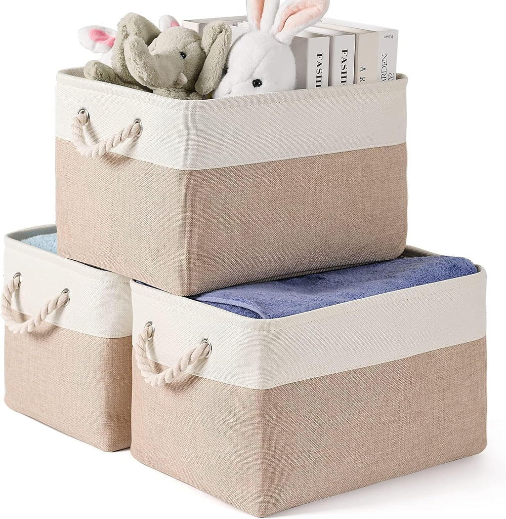 DOKEHOM 3-Piece Foldable Cotton Rope Storage Baskets, White-Khaki