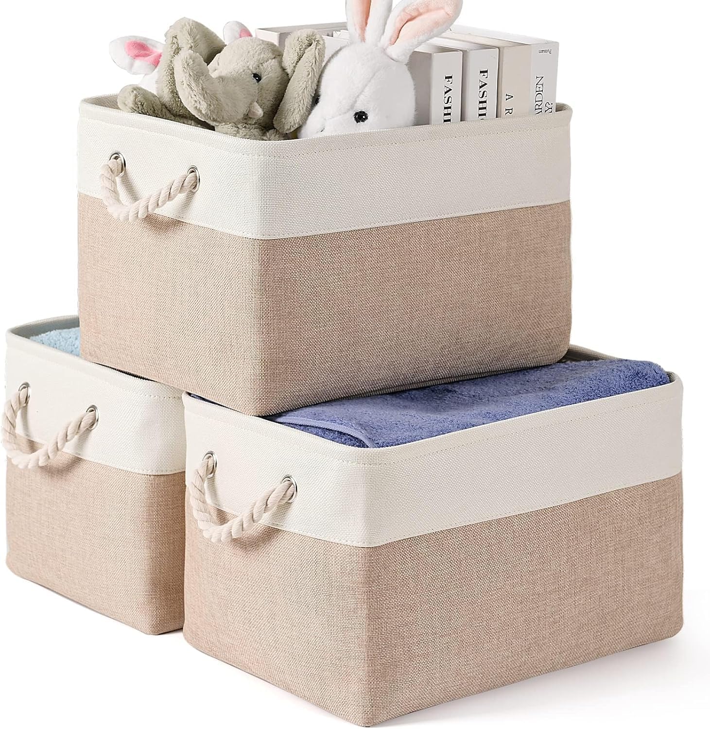 DOKEHOM 3-Piece Foldable Cotton Rope Storage Baskets, White-Khaki