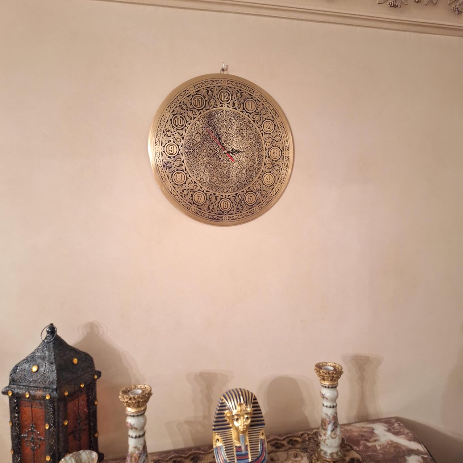 Handcrafted Round Wall Clock — Antique Gold Brass, 14", Home & Office Decor