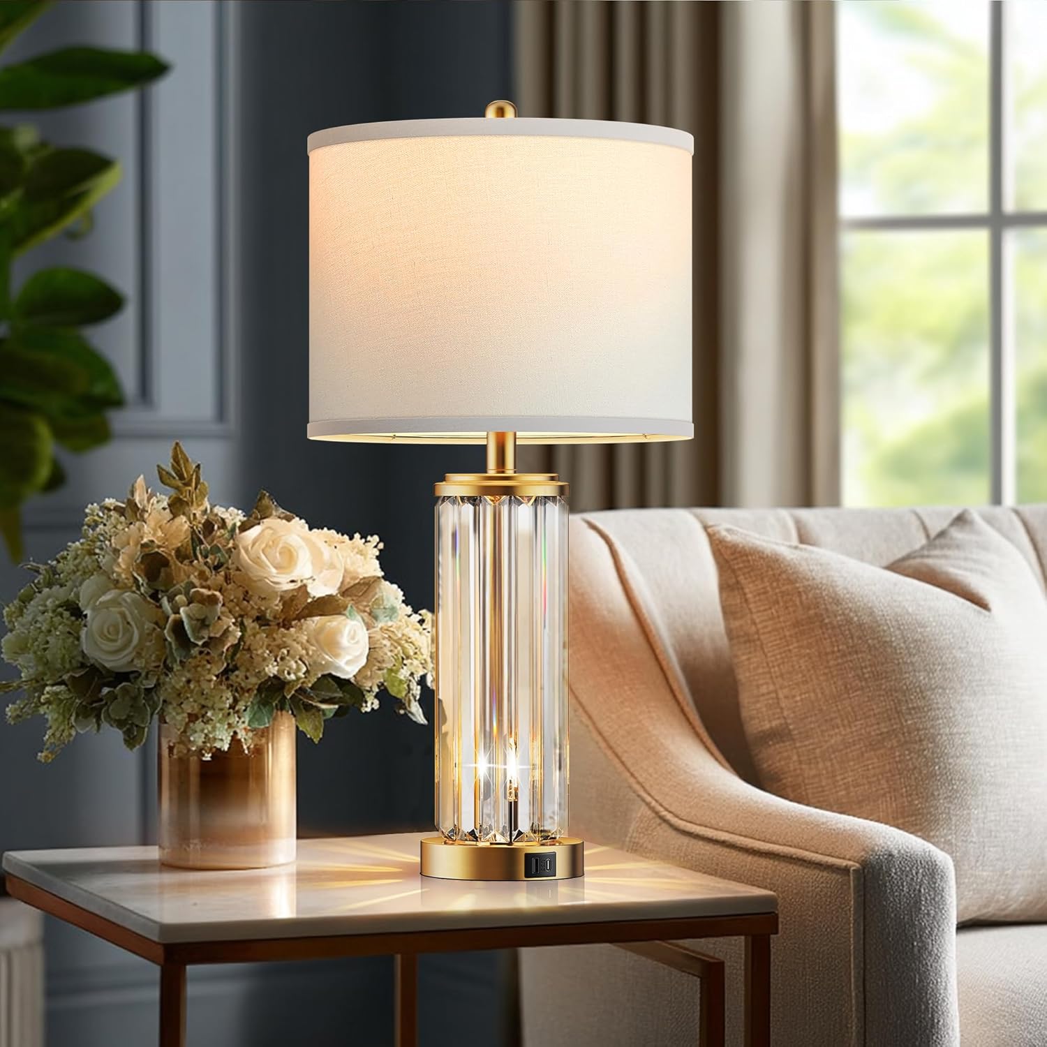 Set of 2 Modern Gold Bedside Table Lamps — with Night Light & USB Ports, White
