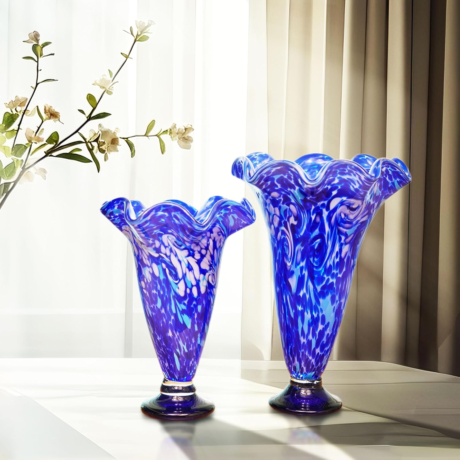 LuxuryLane Hand-Blown Cobalt Blue Glass Vase — 10" Tall, Home Decor