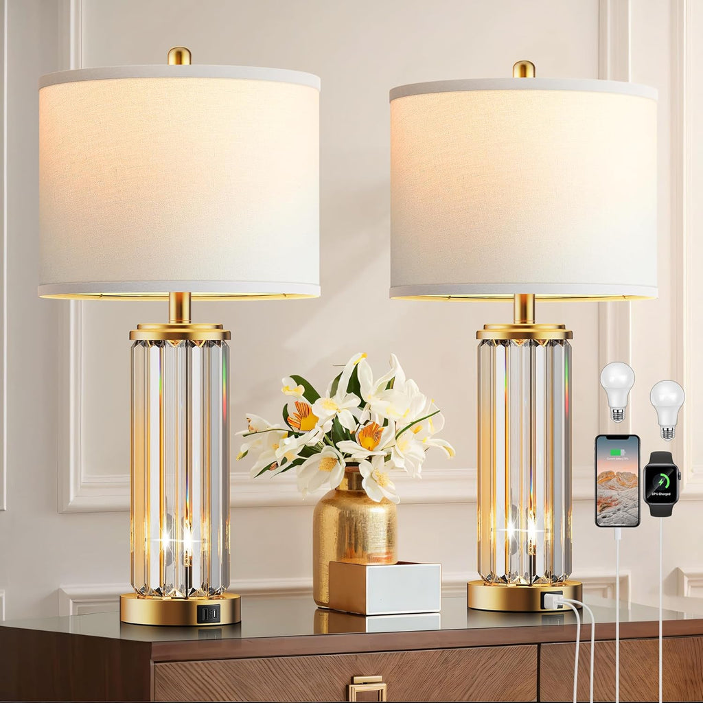 Set of 2 Modern Gold Bedside Table Lamps — with Night Light & USB Ports, White