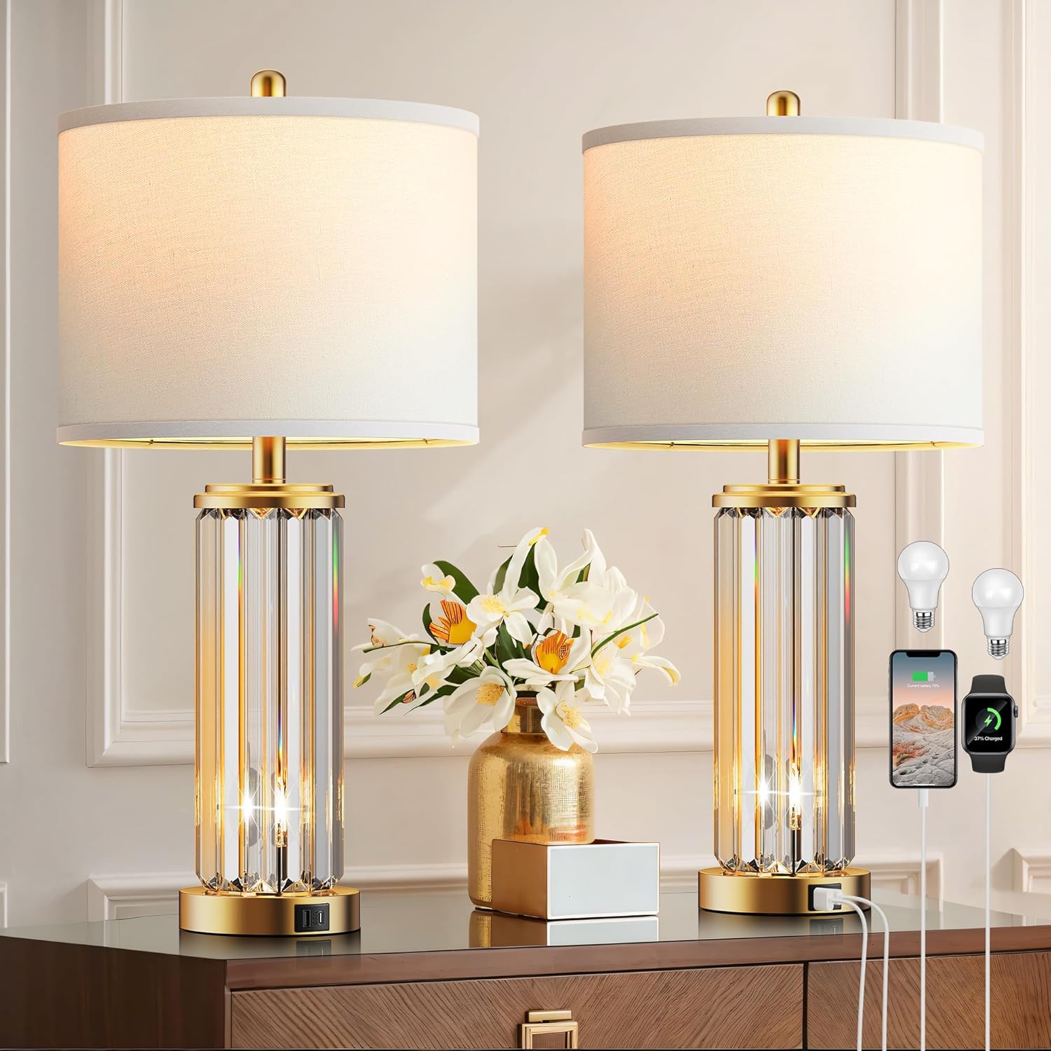 Set of 2 Modern Gold Bedside Table Lamps — with Night Light & USB Ports, White