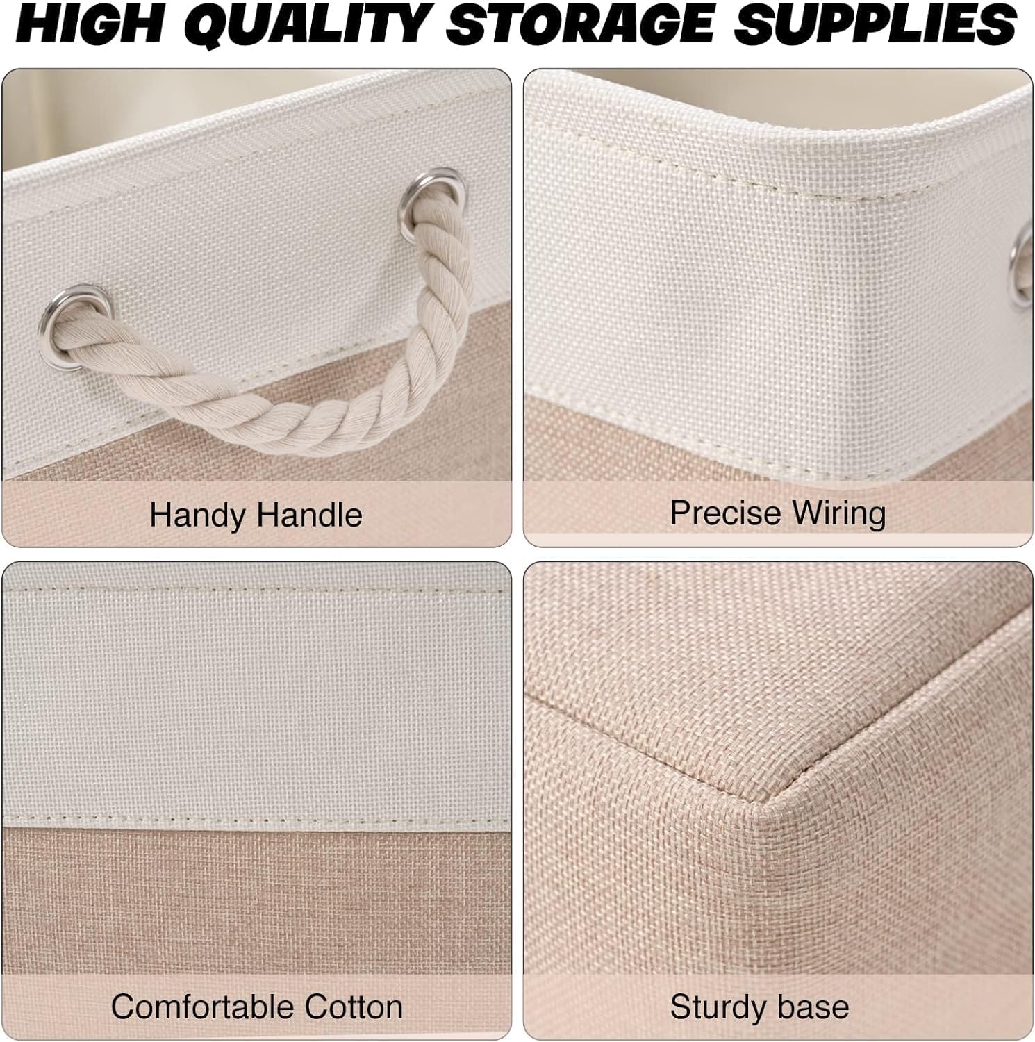 DOKEHOM 3-Piece Foldable Cotton Rope Storage Baskets, White-Khaki