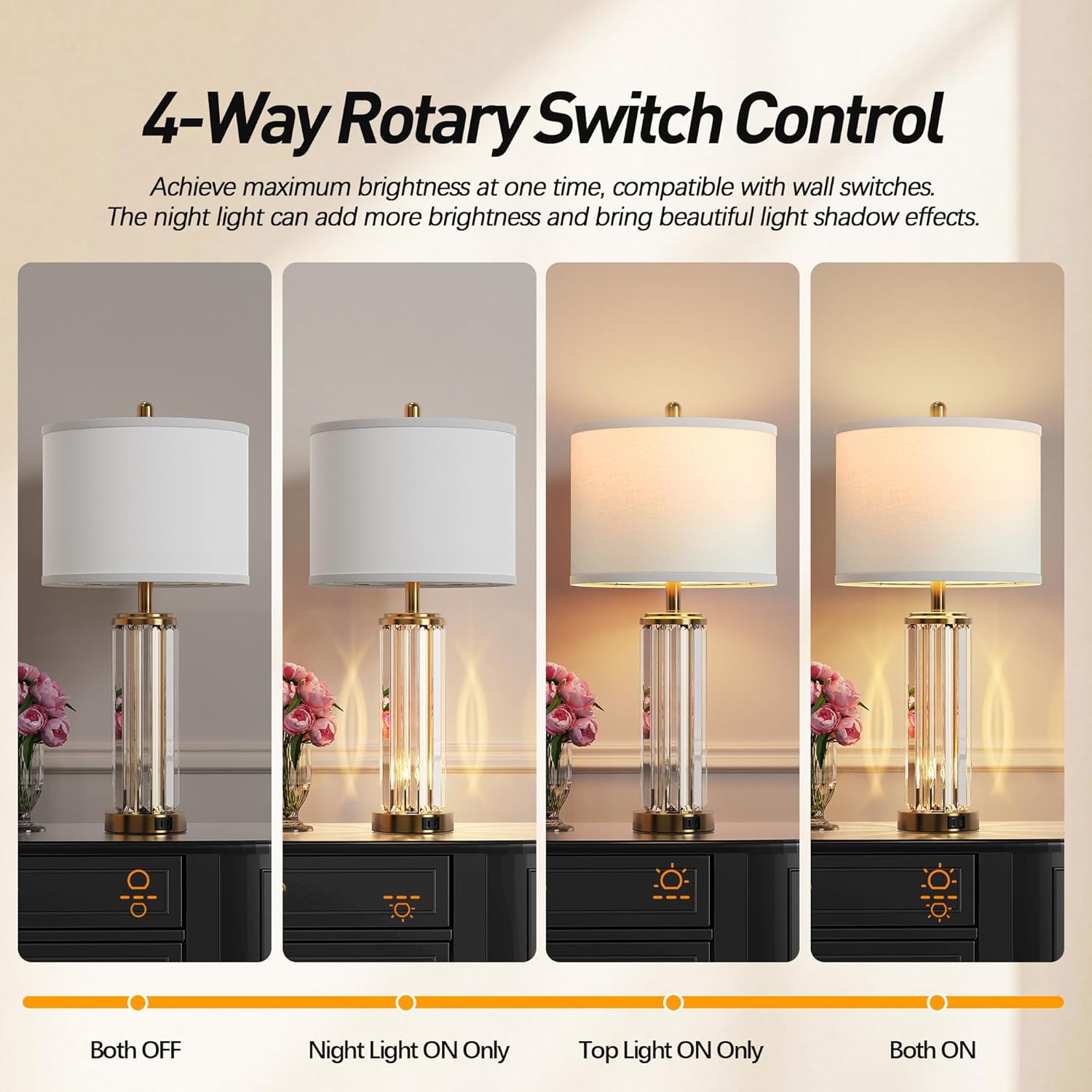 Set of 2 Modern Gold Bedside Table Lamps — with Night Light & USB Ports, White
