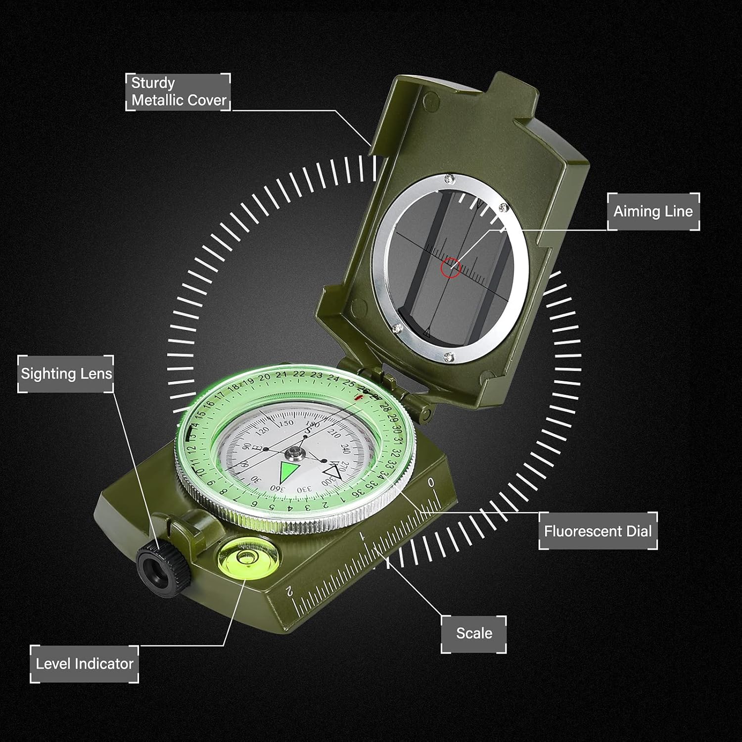 ZYD-XCCC Military Lensatic Compass — Waterproof & Shockproof, Army Green