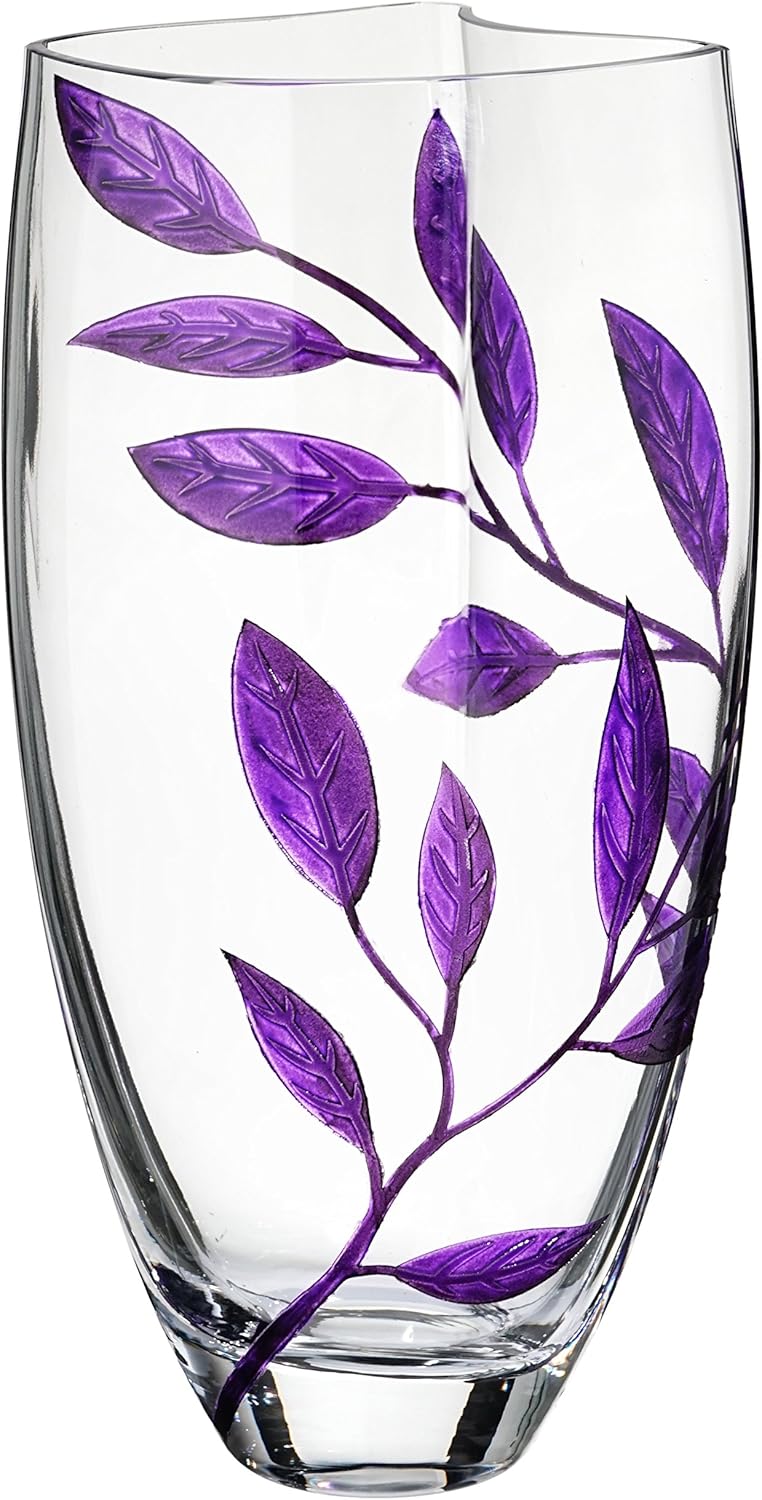 Innas Exclusive Hand-Blown Glass Vase — Purple Leaf Design, 11.4", Gift Box