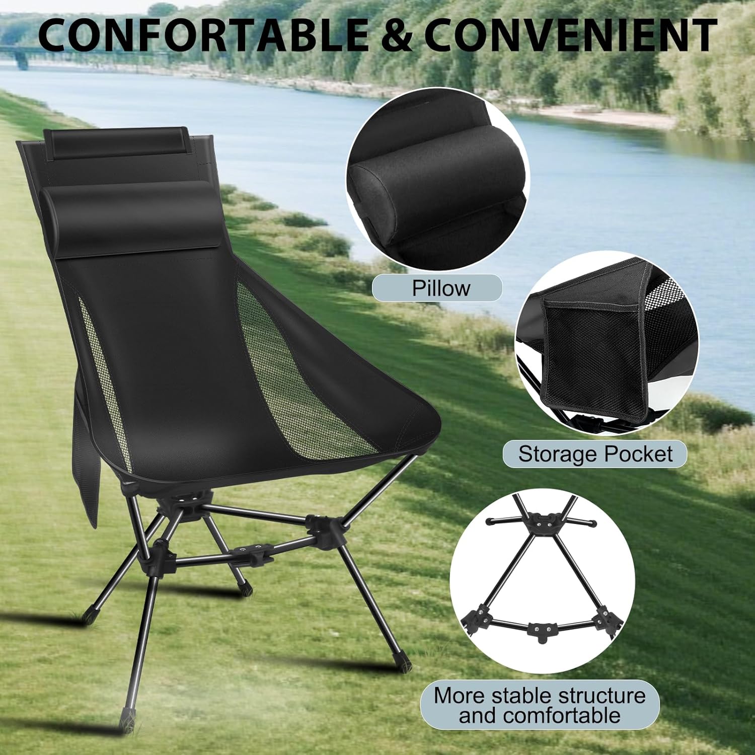 GITU Camping Chair — Portable Folding Chair with Headrest & Storage Bag