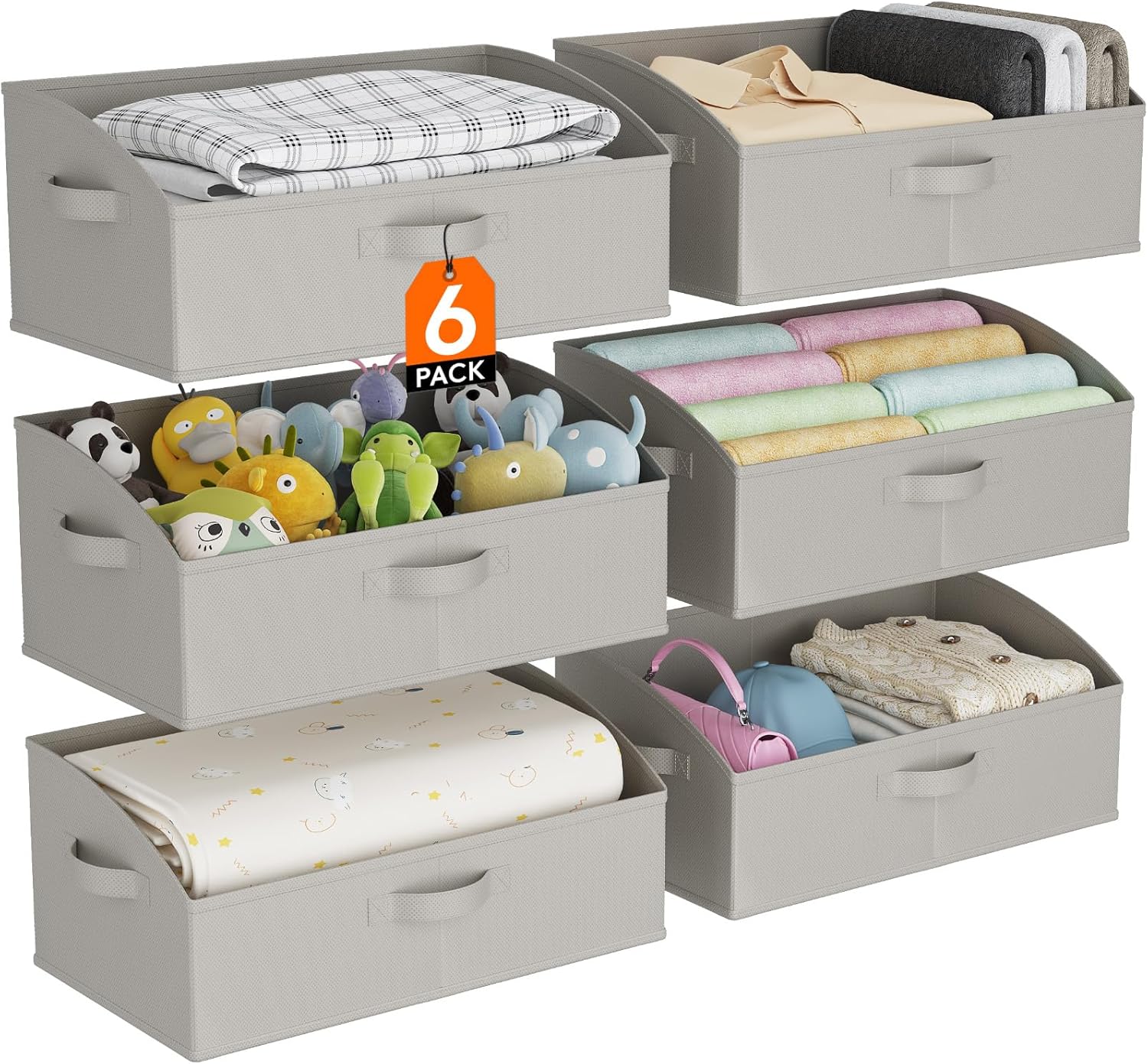 Lifewit 6-Pack Large Fabric Storage Bins with Handles, Light Grey