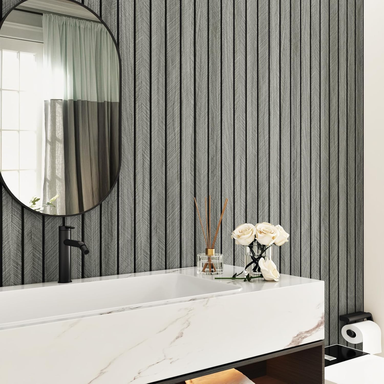 StickKep 3D Peel & Stick Wood Panels — Gray, 120"x12"