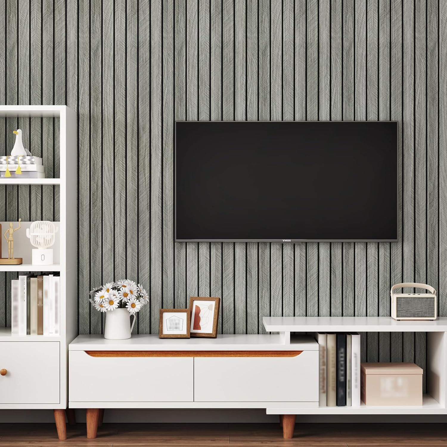 StickKep 3D Peel & Stick Wood Panels — Gray, 120"x12"