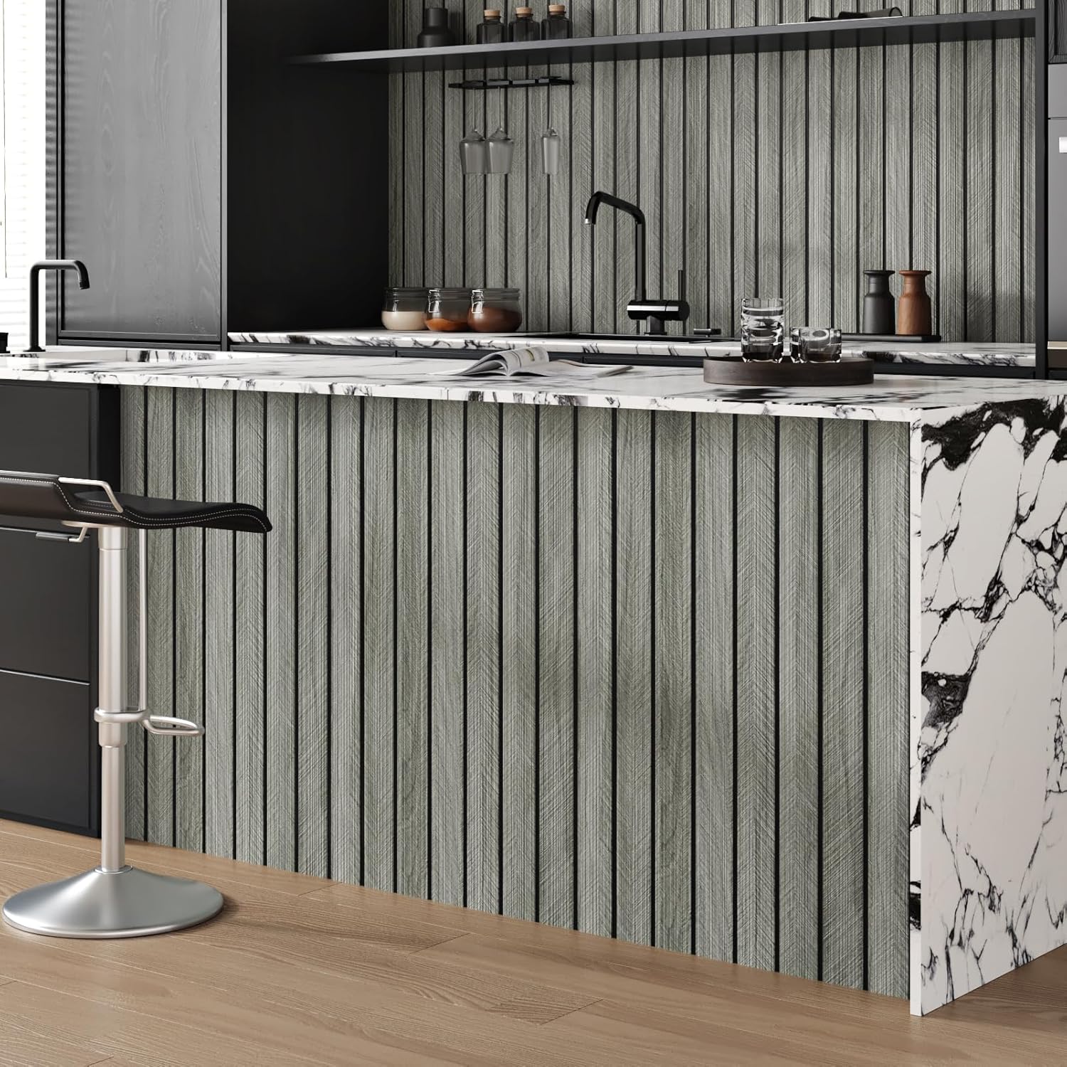 StickKep 3D Peel & Stick Wood Panels — Gray, 120"x12"