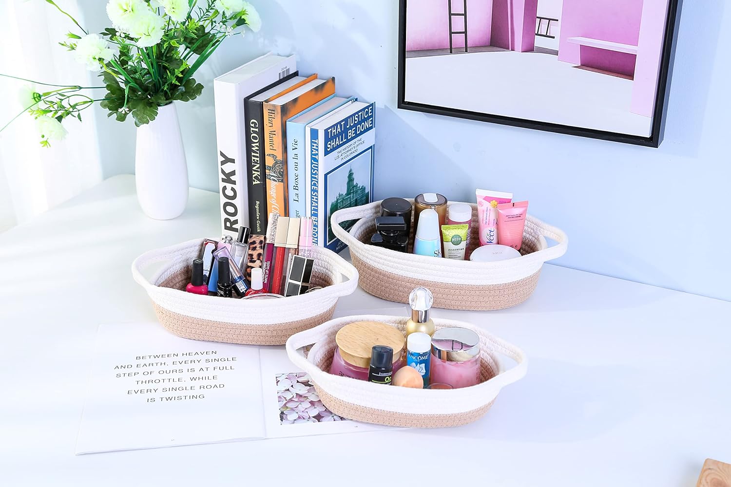5-Piece Oval Cotton Rope Storage Basket Set, Brown