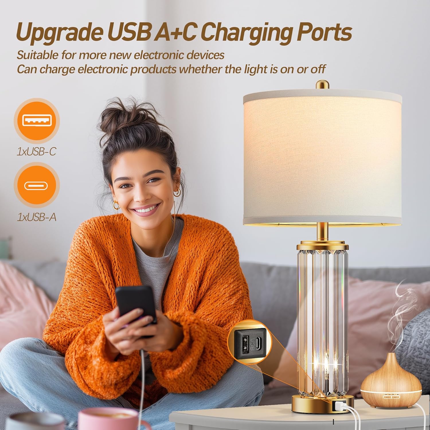 Set of 2 Modern Gold Bedside Table Lamps — with Night Light & USB Ports, White