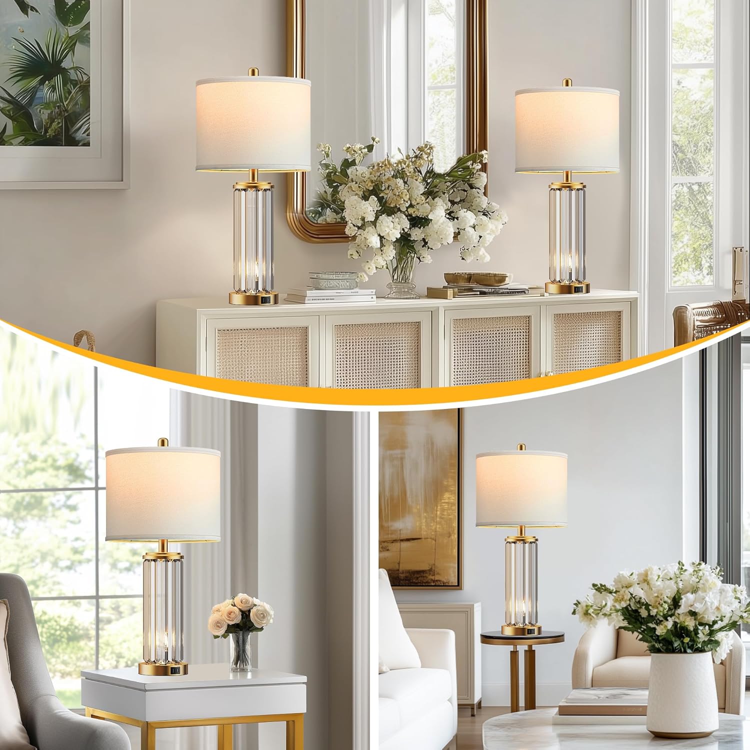 Set of 2 Modern Gold Bedside Table Lamps — with Night Light & USB Ports, White