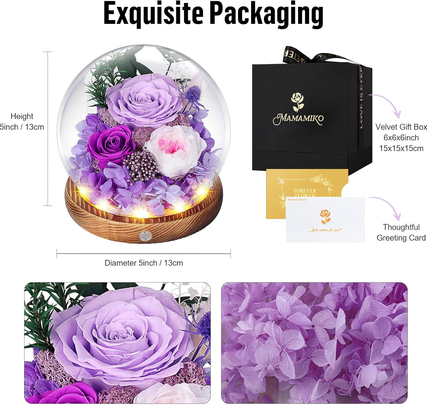 Preserved Rose Dome with LED Lights — Purple Eternal Gift