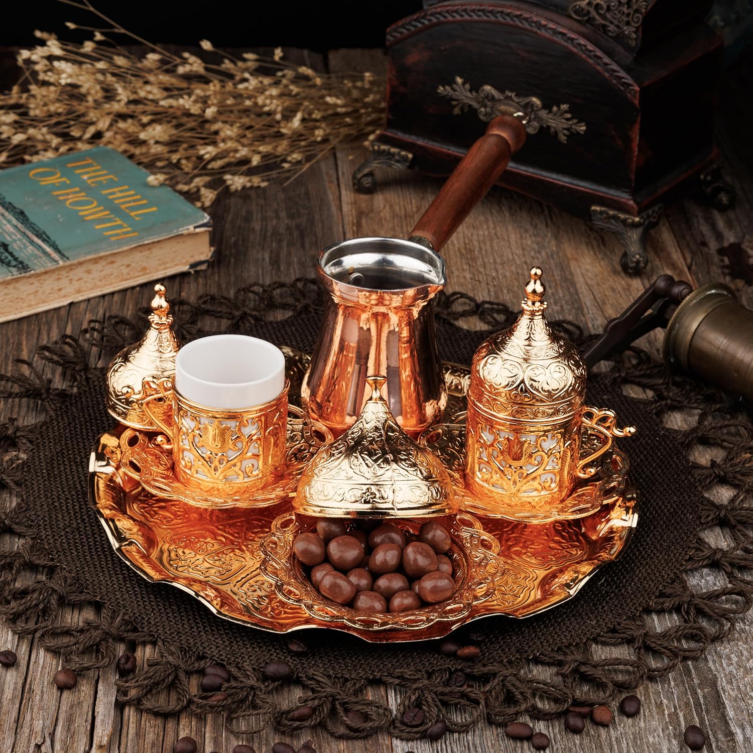 Demmex 12-Piece Arabic & Greek Coffee Set — Golden, Cups, Saucers, Sugar Bowl