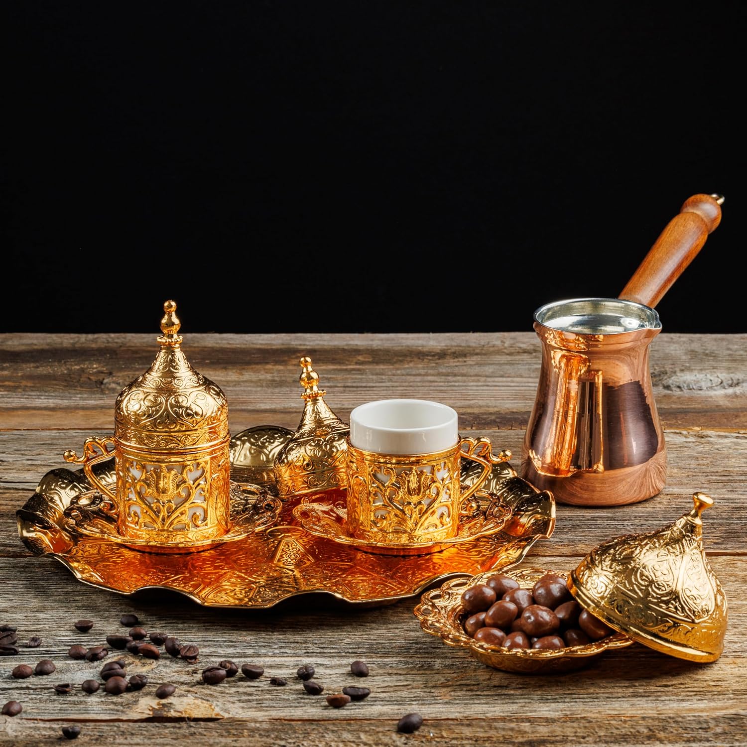 Demmex 12-Piece Arabic & Greek Coffee Set — Golden, Cups, Saucers, Sugar Bowl