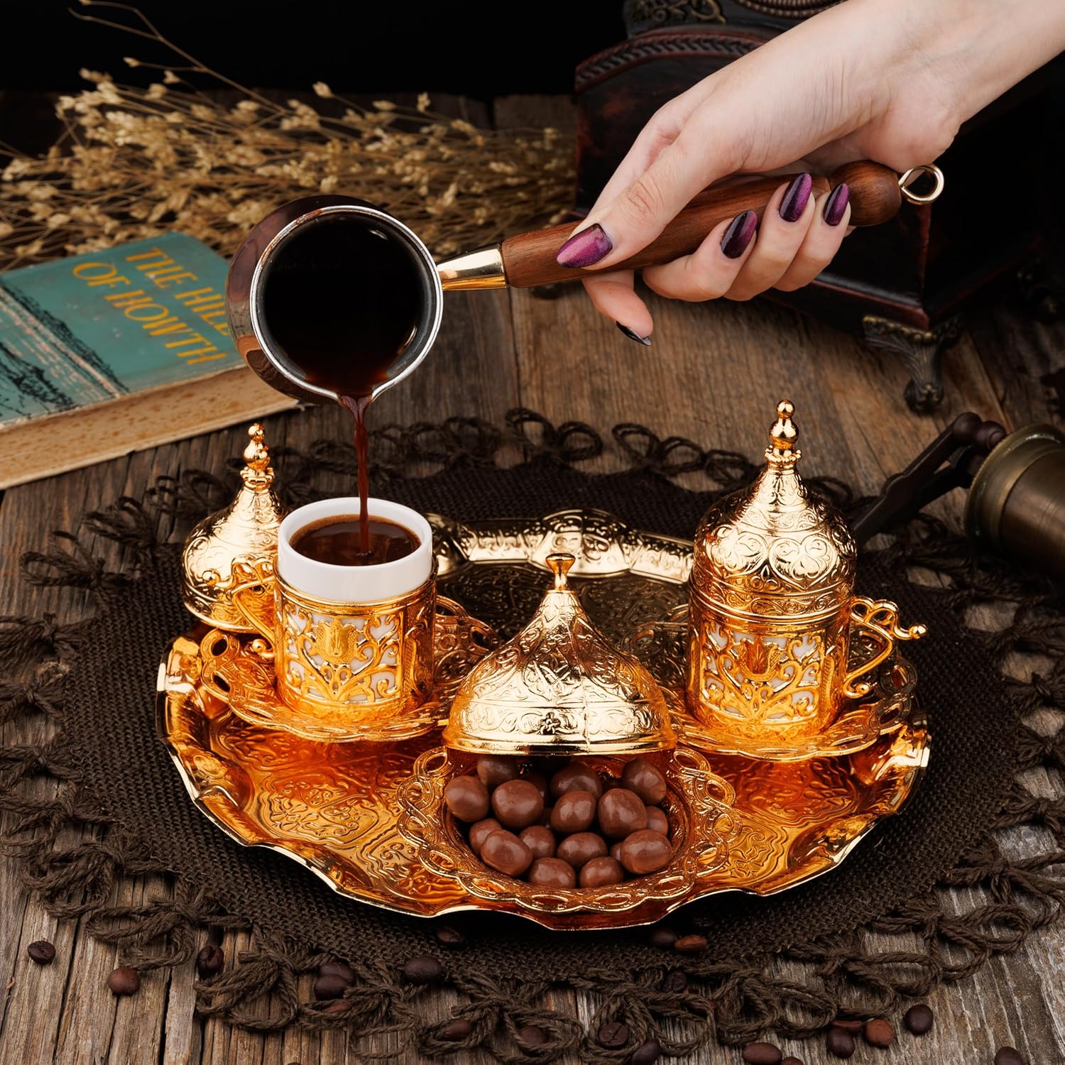 Demmex 12-Piece Arabic & Greek Coffee Set — Golden, Cups, Saucers, Sugar Bowl