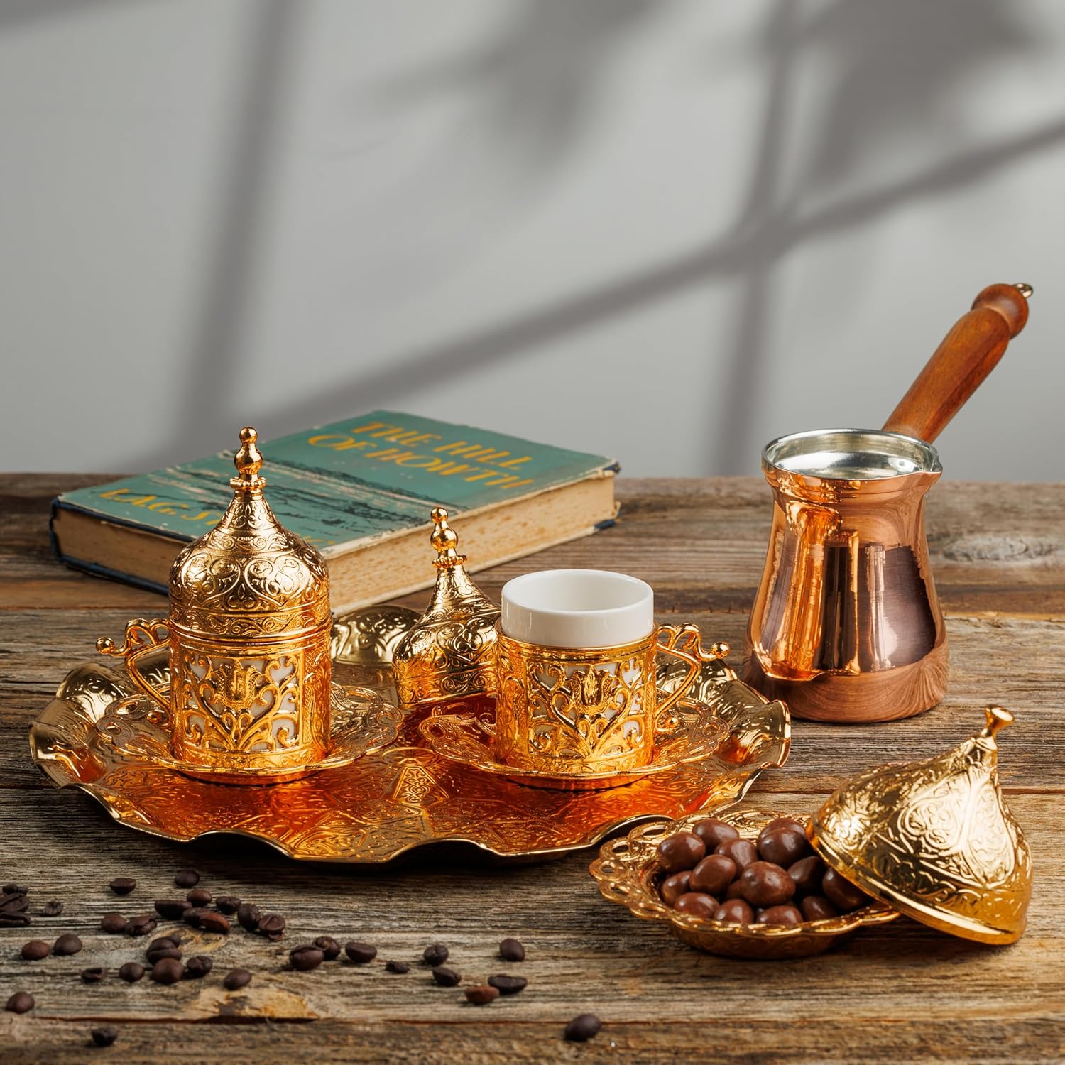 Demmex 12-Piece Arabic & Greek Coffee Set — Golden, Cups, Saucers, Sugar Bowl