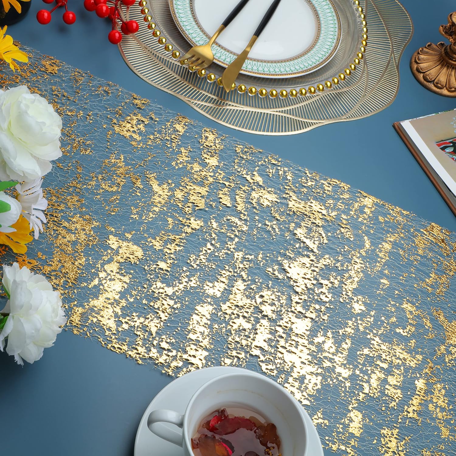 Snokingdom Gold Glitter Table Runner — 11" x 100 ft, Mesh Roll