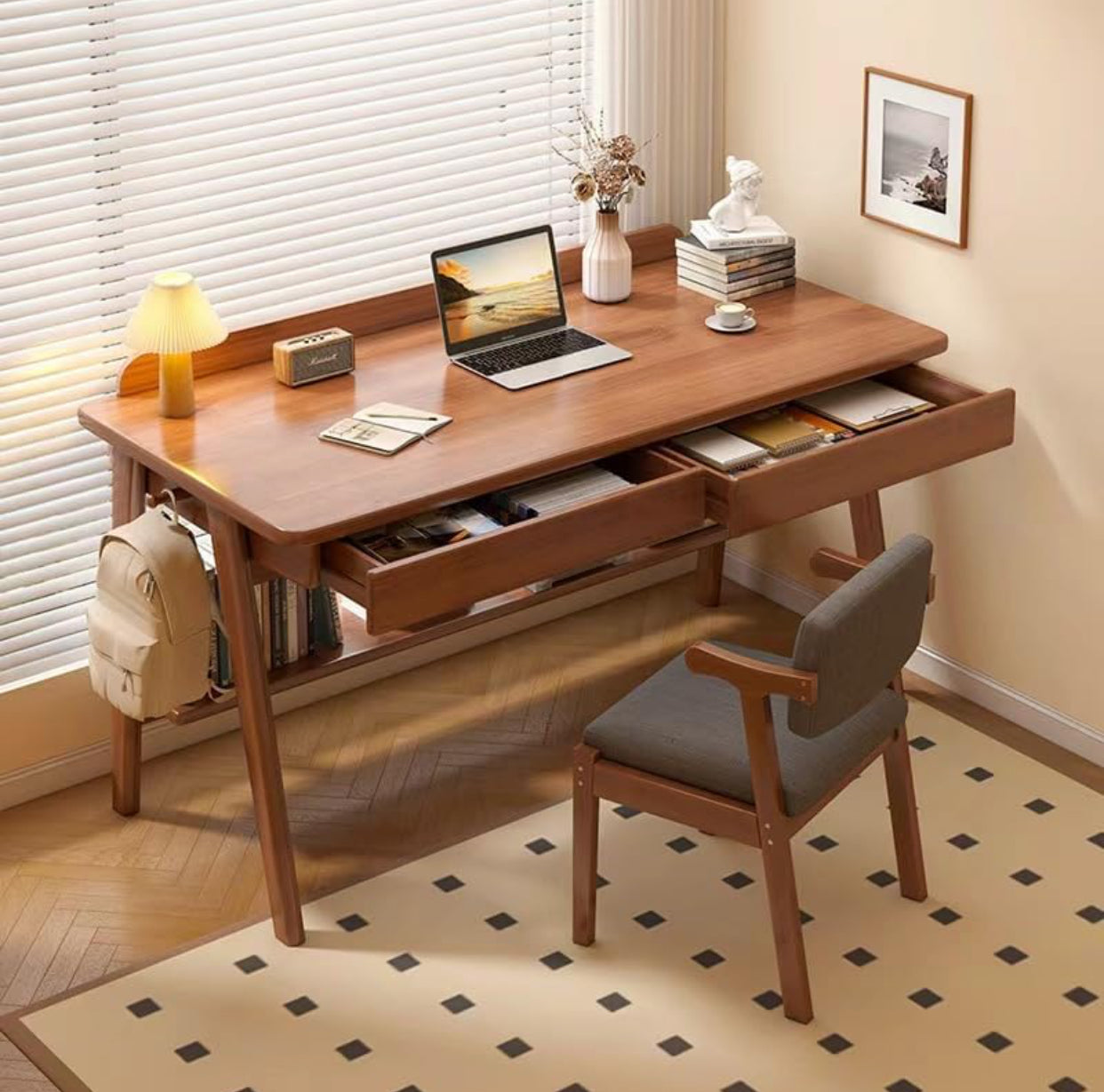 📝 Large Wood Study Desk with Drawers & Shelf – 47" Mid-Century Style