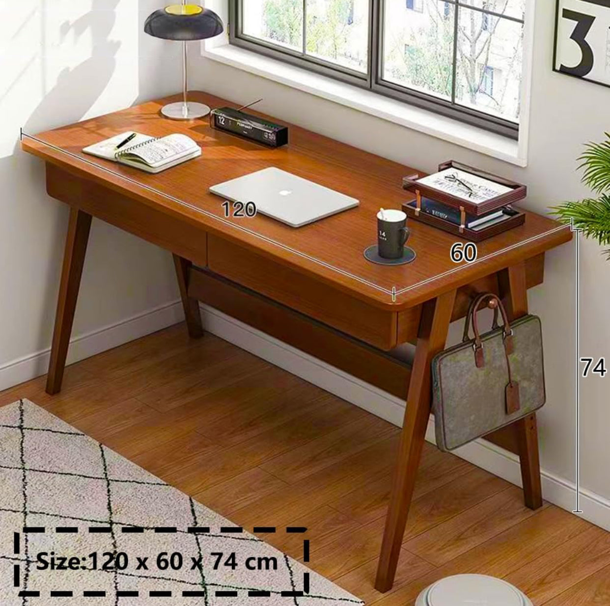 📝 Large Wood Study Desk with Drawers & Shelf – 47" Mid-Century Style