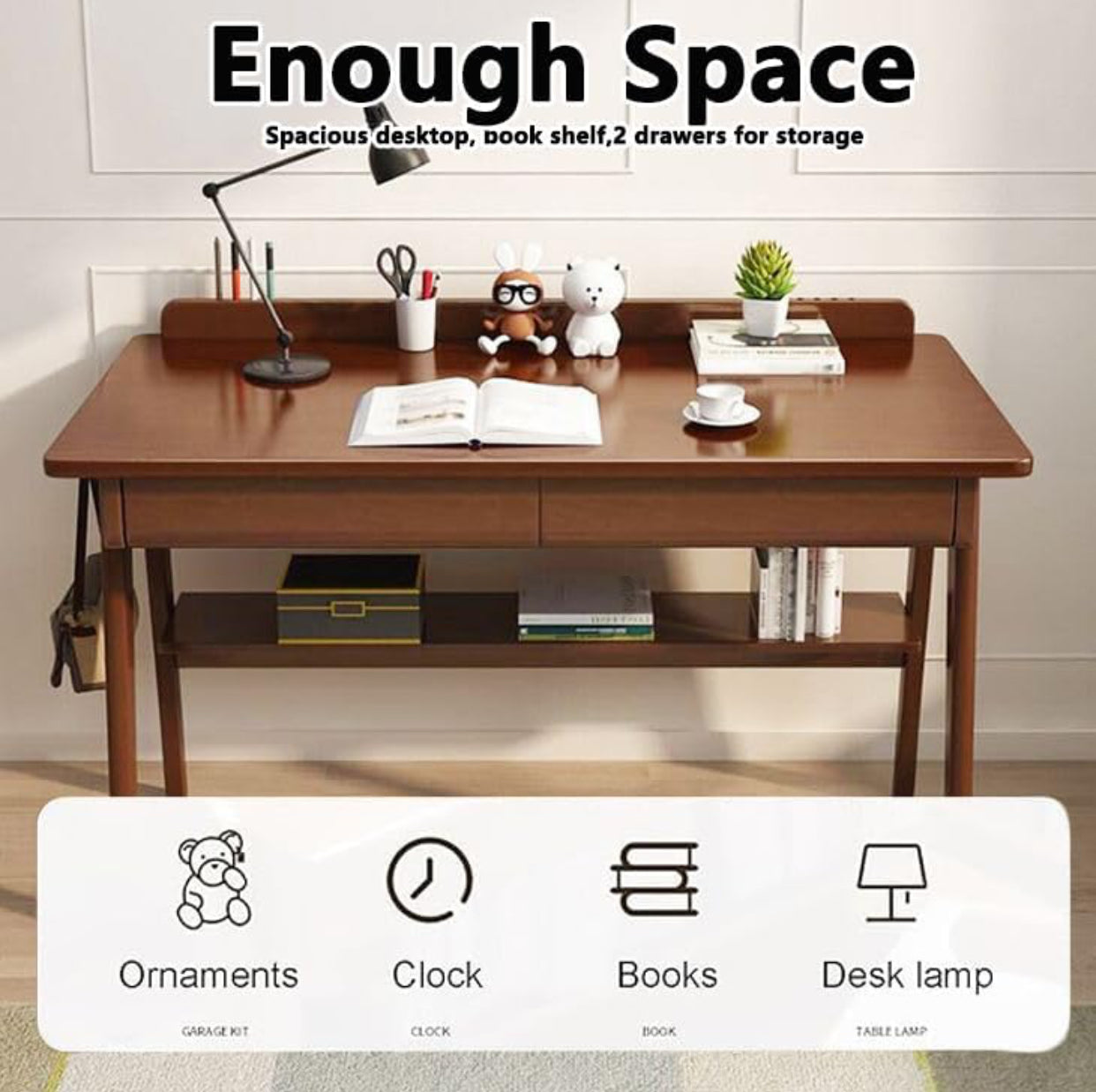 📝 Large Wood Study Desk with Drawers & Shelf – 47" Mid-Century Style