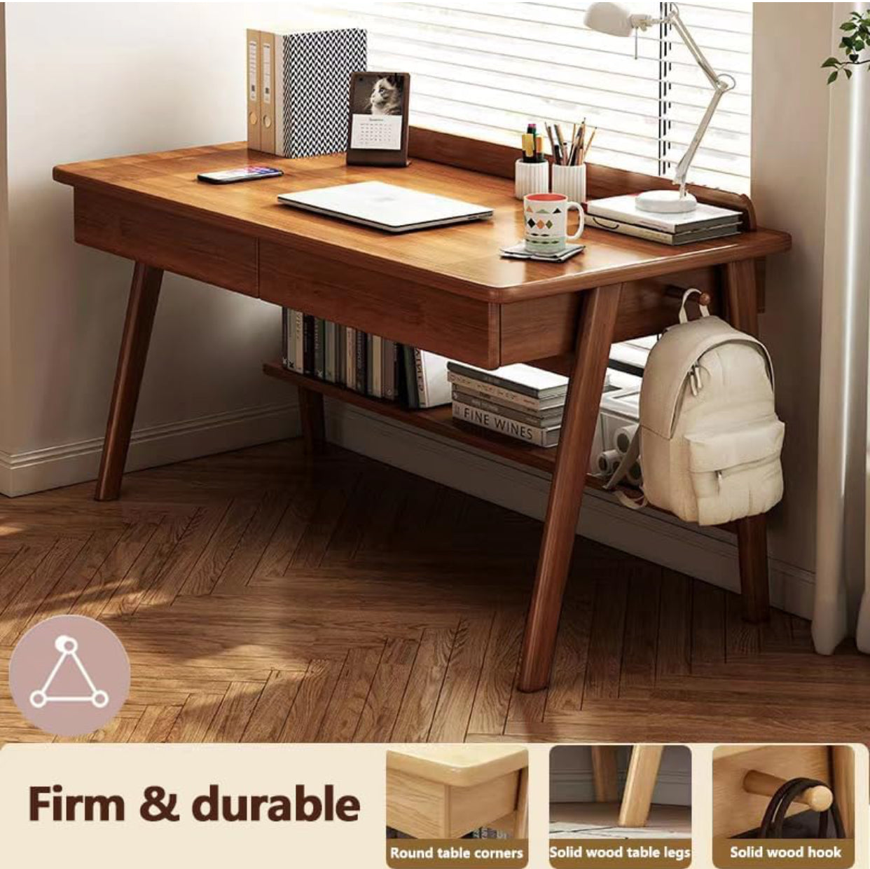 📝 Large Wood Study Desk with Drawers & Shelf – 47" Mid-Century Style