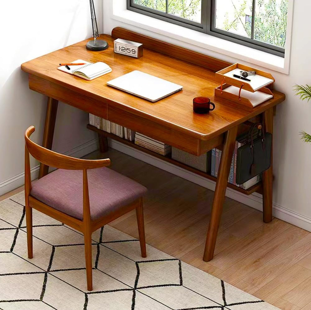 📝 Large Wood Study Desk with Drawers & Shelf – 47" Mid-Century Style