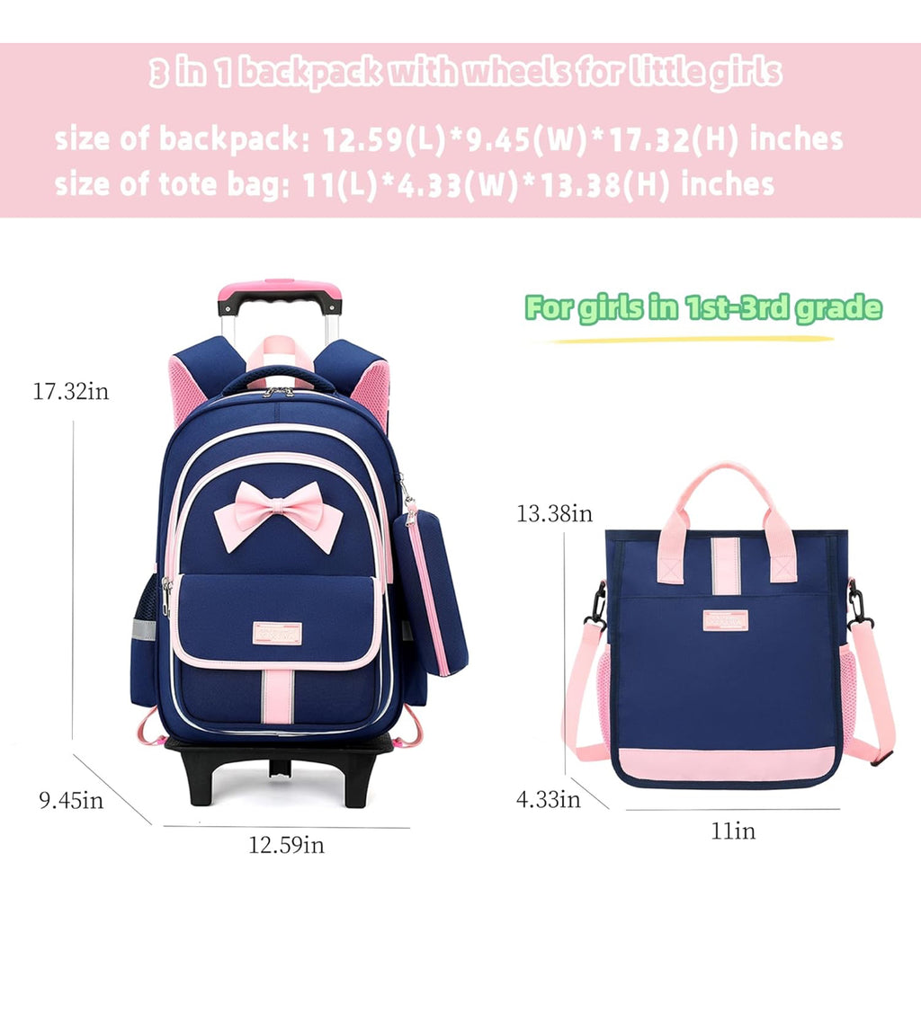 🎀 3-in-1 Rolling Backpack Set for Girls – Cute Design with Wheels