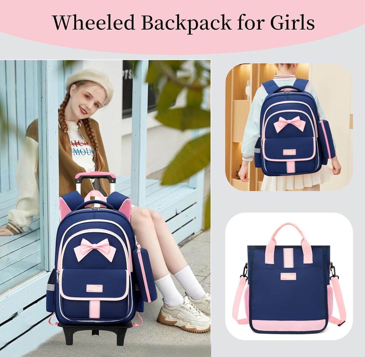 🎀 3-in-1 Rolling Backpack Set for Girls – Cute Design with Wheels