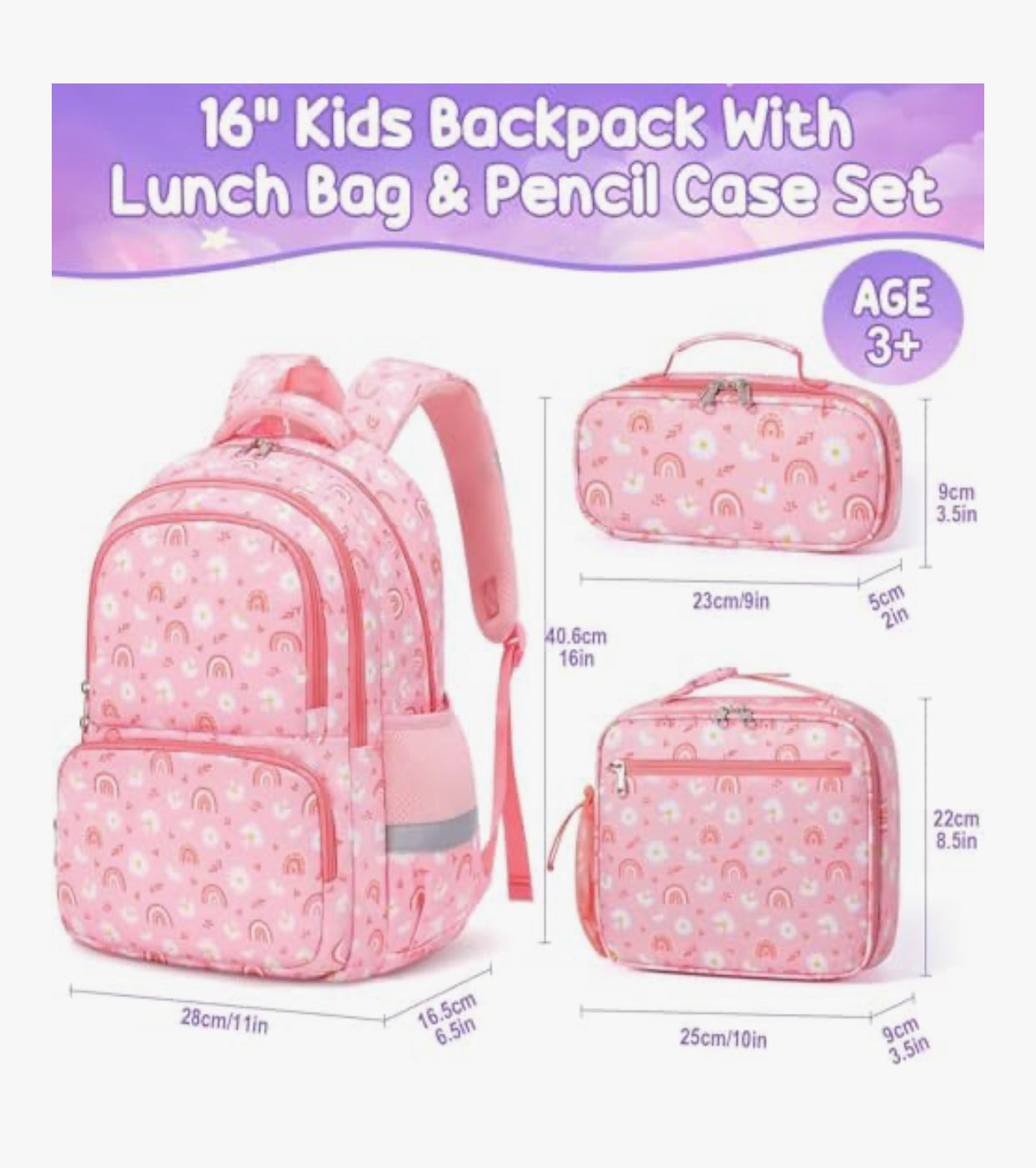 🎒 3-in-1 Kids School Backpack Set – Waterproof Bag with Lunch Box & Pencil Case