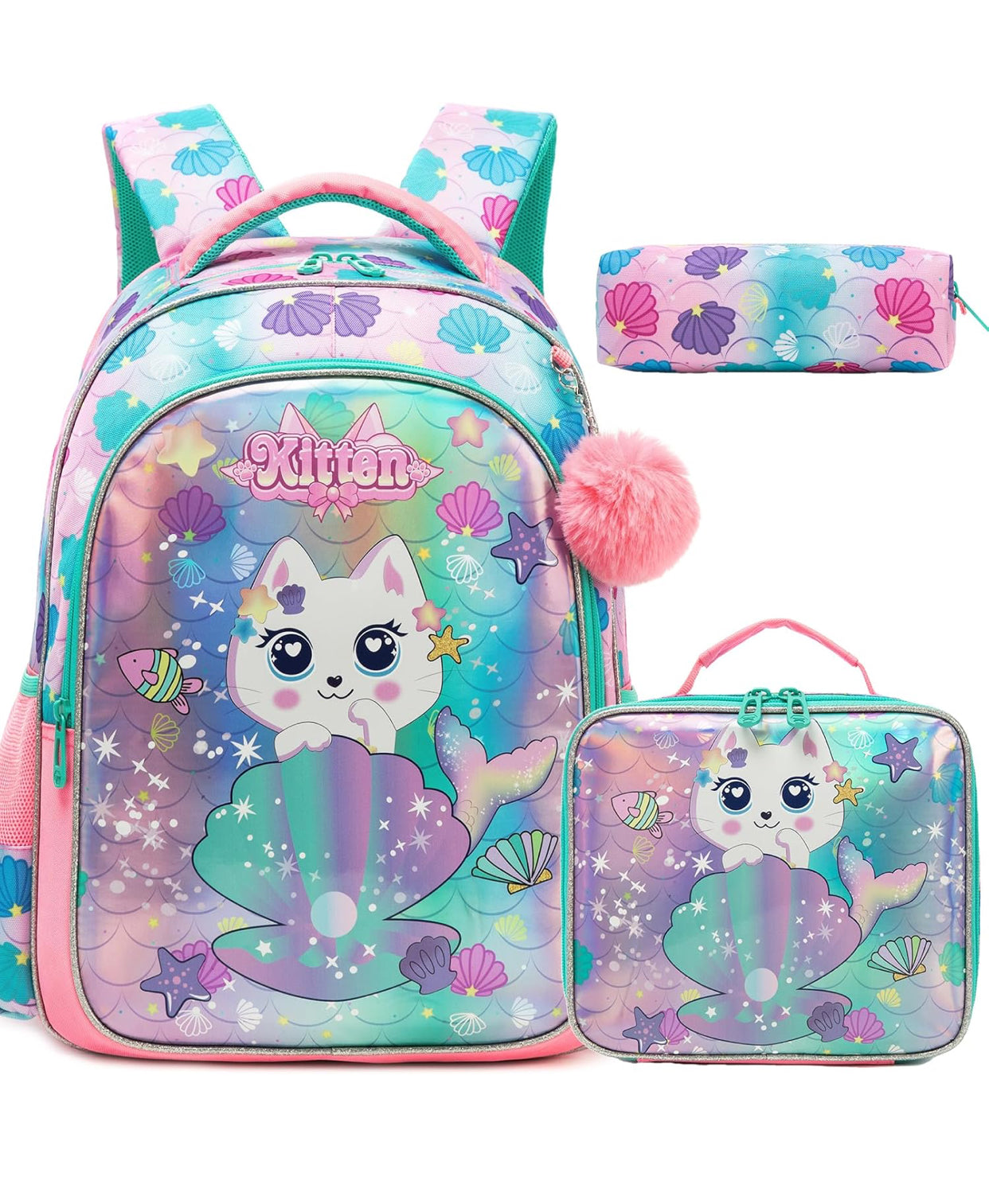 🎀 Sequin Backpack Set for Girls – 3-in-1 with Lunch Box & Bow Design