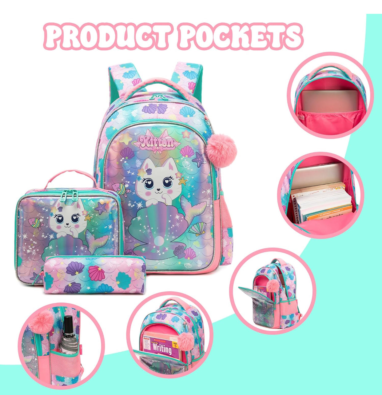 🎀 Sequin Backpack Set for Girls – 3-in-1 with Lunch Box & Bow Design