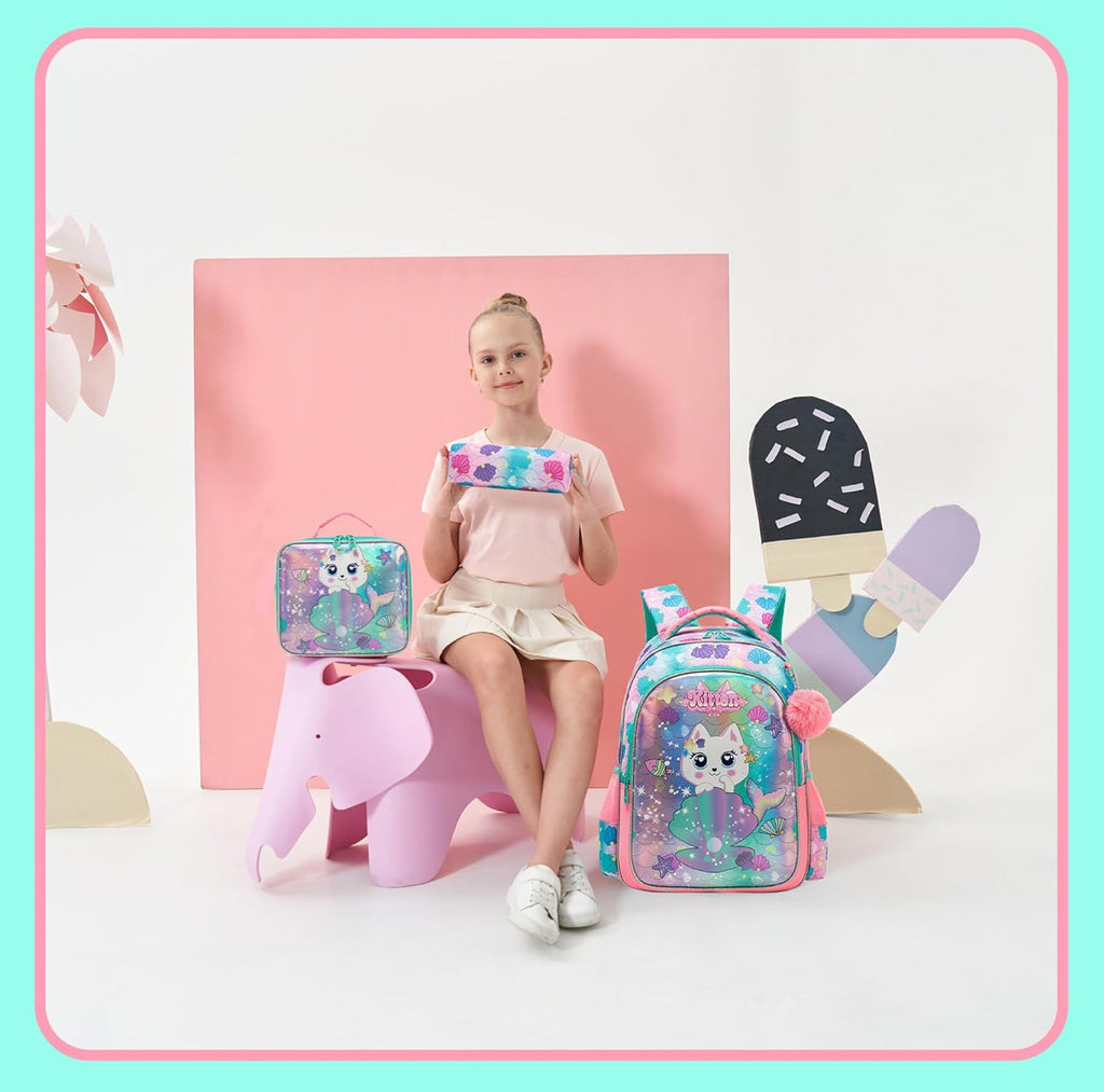 🎀 Sequin Backpack Set for Girls – 3-in-1 with Lunch Box & Bow Design