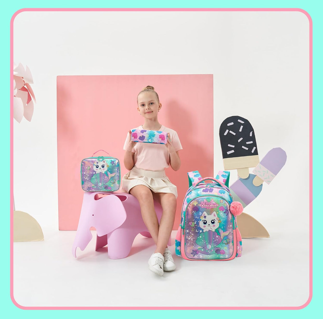 🎀 Sequin Backpack Set for Girls – 3-in-1 with Lunch Box & Bow Design