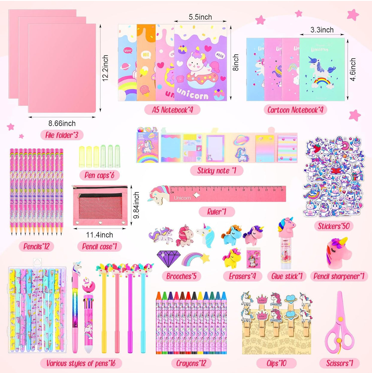 🦄 130-Piece Unicorn School Supplies Set – Pink Kit for Girls