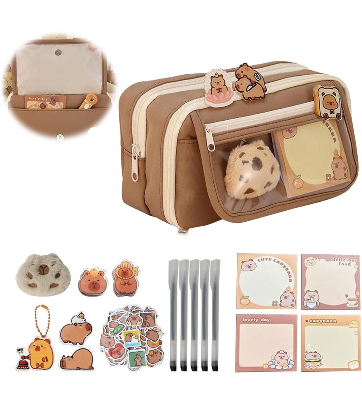 Cute Capybara Pencil Case Set – Clear Pouch with Plush & Pins