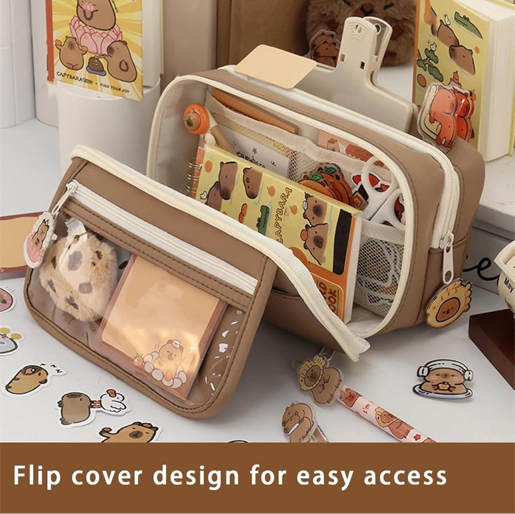 Cute Capybara Pencil Case Set – Clear Pouch with Plush & Pins