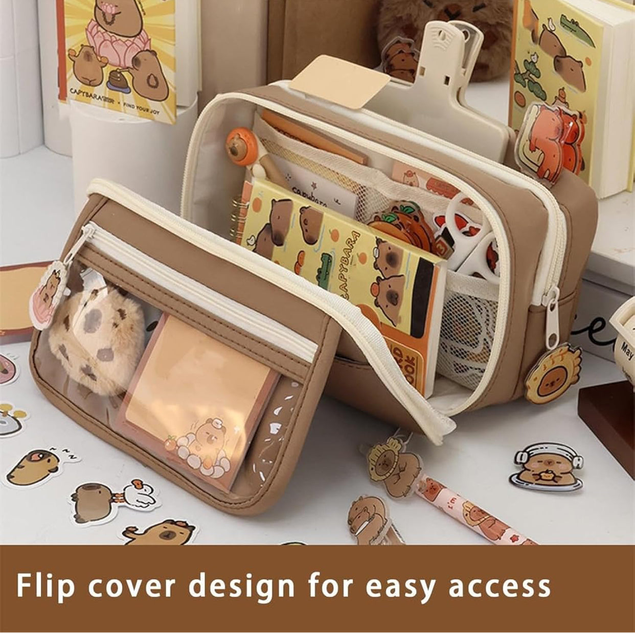 Cute Capybara Pencil Case Set – Clear Pouch with Plush & Pins