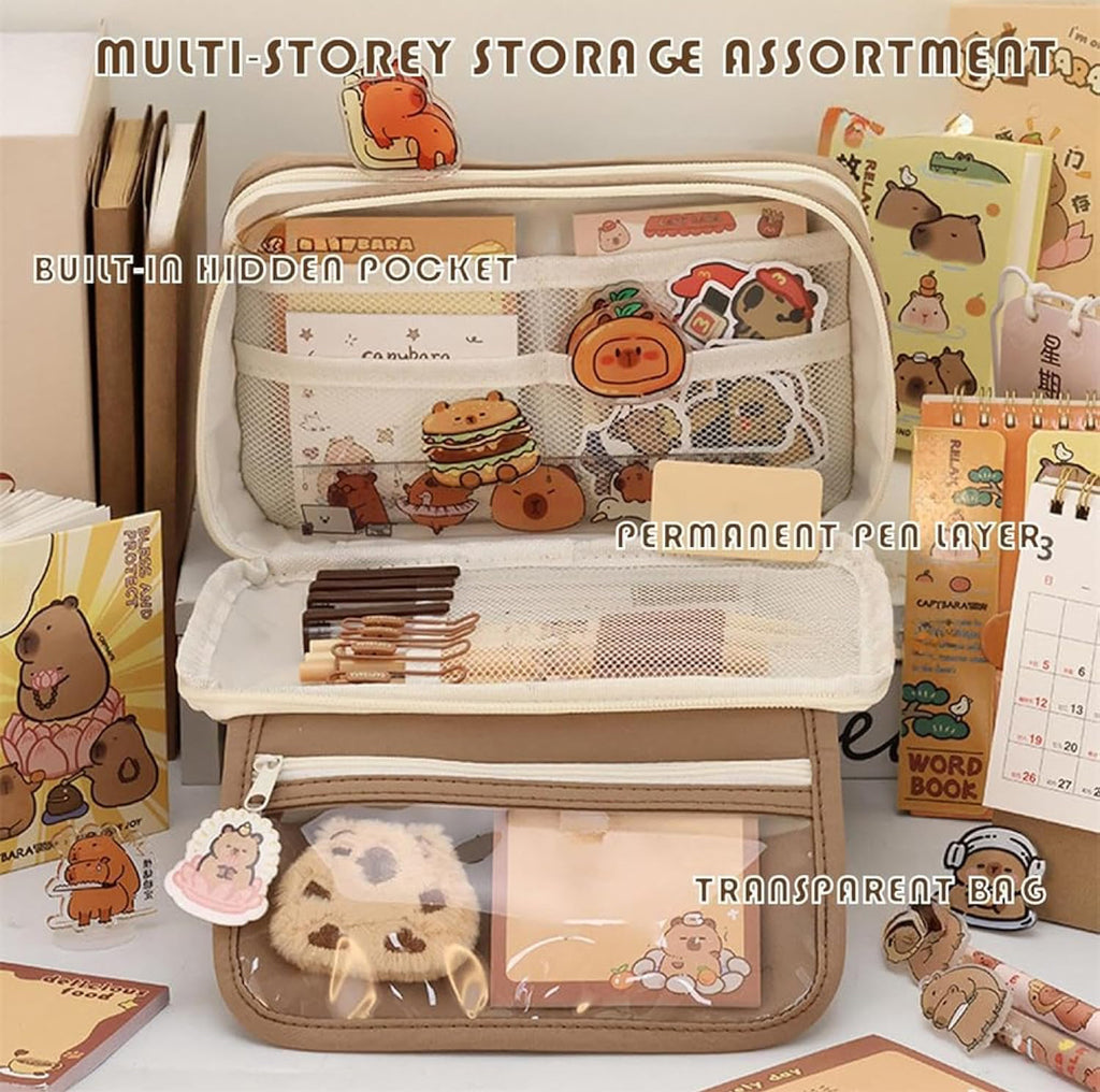 Cute Capybara Pencil Case Set – Clear Pouch with Plush & Pins